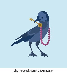 Crow in pink beads and key  Vector illustration 