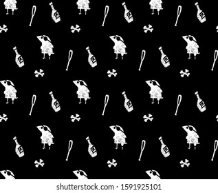 Crow pirate bottle rum bones black and white seamless pattern