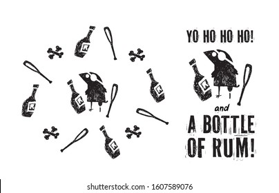 Crow pirate bottle rum and bones set of isolated objects