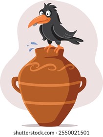 
Die Crow und die Pitcher Fable Vector Cartoon Illustration. Klassische Fabelgeschichte über den durstigen Vogel Trinkwasser 
