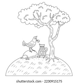 The crow and the pitcher picture for story book. Aesop's fable illustration. Cute illustration cartoon for fairy tale story and book. 