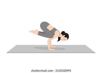 Crow Pose. Beautiful girl practice Kakasana. Young attractive woman practicing yoga exercise. working out, black wearing sportswear, grey pants and top, indoor full length, calmness and relax.