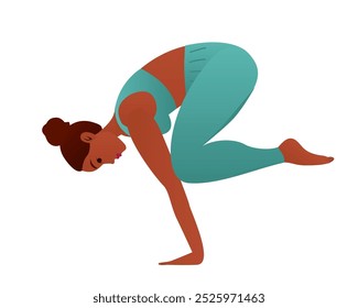 Crow Pose. Schöne Mädchen Praxis Kakasana. Vektorgrafik einer jungen attraktiven Frau, die Yoga-Bewegung praktiziert. Workout, schwarz tragen Sportbekleidung, graue Hose und Top, Indoor volle Länge