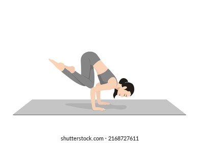 Crow Pose With Eagle Legs. Beautiful girl practice Bakasana Pada Garudasana. Young attractive woman practicing yoga exercise. working out, black wearing sportswear, grey pants and top, indoor full