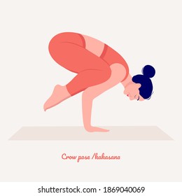 Crow pose-kakasana. Young woman practicing Yoga pose. Woman workout fitness, aerobic and exercises. Vector Illustration.