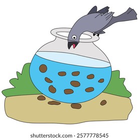 Crow is putting a stone rock in an earthen pot