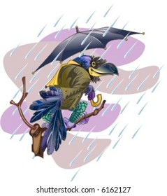 Crow in the rain with umbrella. Colour & strokes on separate layers.