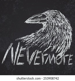 Crow raven hand drawn sketch text nevermore on blackboard.