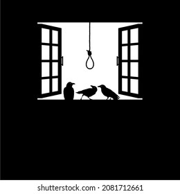 Crow (Raven) and Hanging Rope (Gallows) on the Window Silhouette. Creepy, Horror, Scary, Mystery, or Crime Illustration. Illustration for Horror Movie or Halloween Poster Design Element
