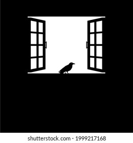 Crow (Raven) on the Window Silhouette. Creepy, Horror, Scary, Mystery, or Crime Illustration. Illustration for Horror Movie or Halloween Poster Design Element. Vector Illustration
