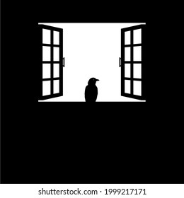 Crow (Raven) on the Window Silhouette. Creepy, Horror, Scary, Mystery, or Crime Illustration. Illustration for Horror Movie or Halloween Poster Design Element. Vector Illustration