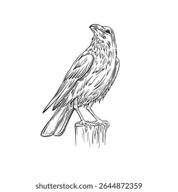 A crow, raven, rook, Original illustration, Hand drawn beautiful black bird