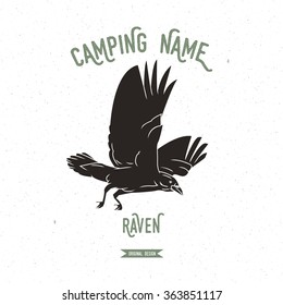 Crow. Raven vector illustration. European animals silhouettes vintage. Camping logo design.