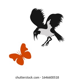 Crow and red butterfly - isolated on a white background - art, vector.