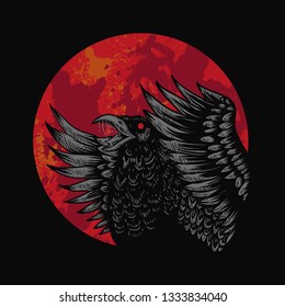 Crow Red Moon Vector illustration