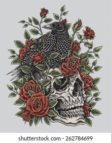 Crow, Roses And Skull Tattoo Design