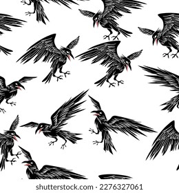 crow seamless pattern illustration,black flying ravens, Vector illustration.