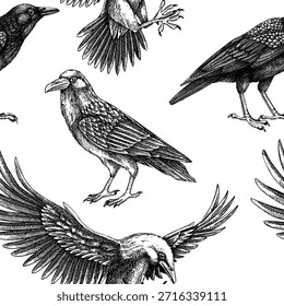 Cortar o padrão sem emenda no estilo de esboço. Ilustração de vetor de corvo vintage desenhado à mão. Fundo de pássaro preto grande. NÃO gerado AI