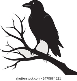 Crow setting on a branch vector silhouette 