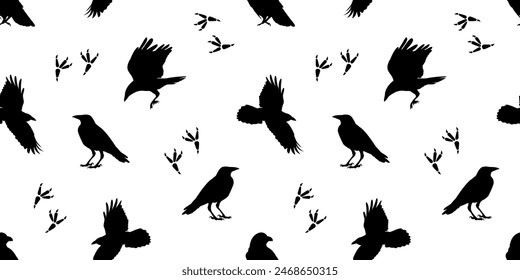 crow. a shadow. the silhouette of a crow. vector. black color. on a white background. seamless pattern. the pattern. animal. a wild animal. bird. Fly. traces.