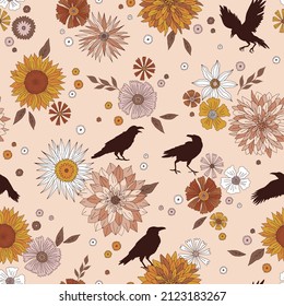 Crow silhouette among autumn flowers vector seamless pattern. Retro raven floral background. Boho retro Halloween surface design.