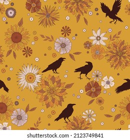 Crow silhouette among autumn flowers vector seamless pattern. Retro raven floral background. Boho retro Halloween surface design.