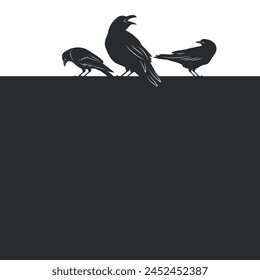 Crow silhouette concept background with sitting black birds crows