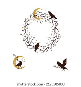 Crow silhouette leafless tree branch wreath crescent moon twig in beak vector illustration set isolated on white. Mystical occult black raven print collection for Halloween.