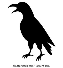 Crow. Silhouette. The mystical black bird croaks loudly. Vector illustration. Outline on an isolated white background. Halloween symbol. Messenger of the underworld. Scavenger bird. 