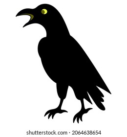 Crow. Silhouette. A mystical black bird with luminous eyes croaks loudly. Vector illustration. Isolated white background. Halloween symbol. Messenger of the underworld. Scavenger bird. 
