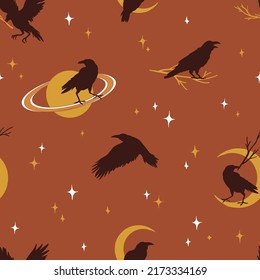 Crow silhouette outer space Saturn planet starry sky vector seamless pattern. Mystic Retro raven background. Boho Halloween surface design.