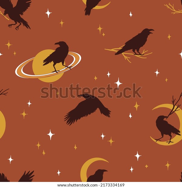 Crow silhouette outer space Saturn planet starry\
sky vector seamless pattern. Mystic Retro raven background. Boho\
Halloween surface design.
