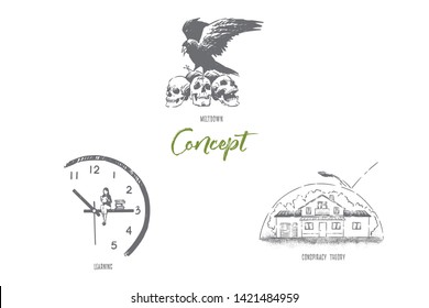 Crow sit on skulls, student studying, reading book on clock arrow, house under dome, conceptual banner. Meltdown, learning and conspiracy theory concept sketch. Hand drawn vector illustration