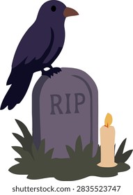 A crow sits on a gravestone with a lit candle nearby, creating a somber atmosphere.