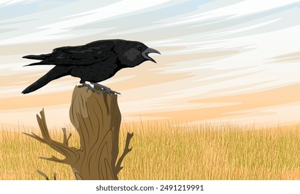 Eine Krähe sitzt auf einem Stumpf auf einem Feld mit reifem Weizen. In: Wild crow corvus corax. Realistische Landschaft der Vektorgrafik