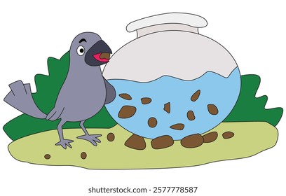 A crow is sitting near a pot looking at water