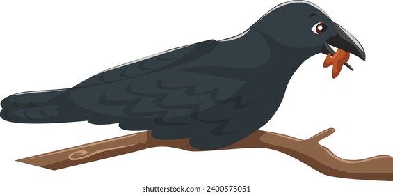 Crow sitting on a branch with insect in mouth