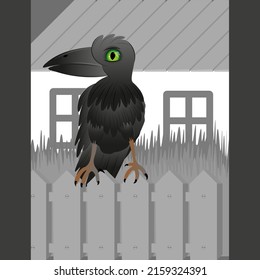 crow sitting on the fence in front of the house. vector illustration