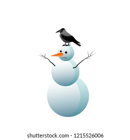 crow is sitting on a head of snowman, isolated on white background