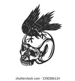 Crow sitting on human skull isolated on white. Vector illustration.
