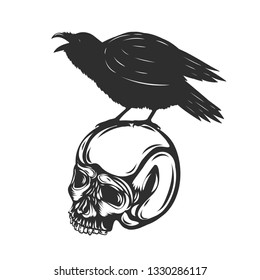 Crow sitting on human skull isolated on white. Vector illustration.