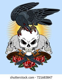 A crow sitting on a human skull with revolvers and roses. Old School Tattoo Style