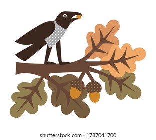 
Crow sitting on an oak branch with colorful leaves. Vector illustration of autumn nature. Isolated drawing on a white background.