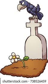 Crow sitting on tombstone. Vector clip art illustration with simple gradients. Tombstone and flower on separate layers.  
