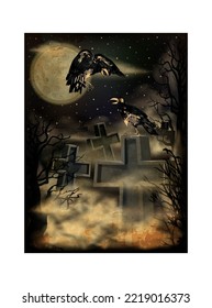 Crow skeleton in night cemetery, happy halloween invitation card vector illustration