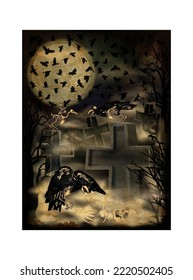 Crow skeleton and skull in night cemetery, halloween vip card vector illustration	