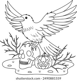 Crow and Skull Halloween Outline Coloring Page