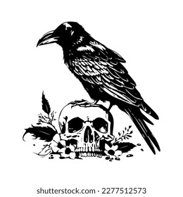 crow in skull head line art hand drawn illustration