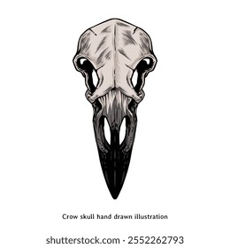 Crow skull illustration. Vintage crow skull hand drawn illustration. Crow skull drawing