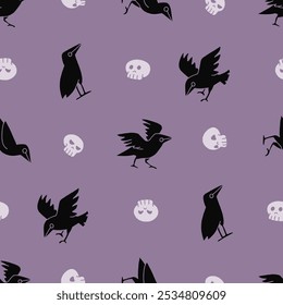 Crow Skull Spooky Vector Seamless Pattern illustration for Print, Wallpaper, Decoration.